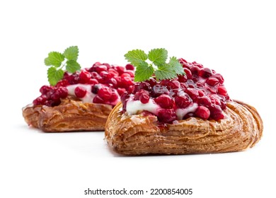 Flaky  Pastry With Cream And Cowberry Isolated On White 