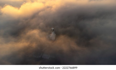 Flamborough Head at a sunrise. Lighthouse covered in clouds. Aerial photographs. - Powered by Shutterstock