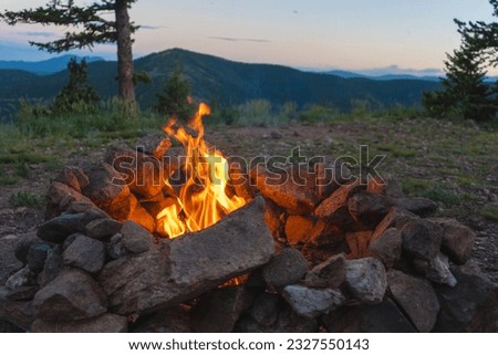 Flame close up, burning firewood burning in a primitive rock fire pit. Colorado nature