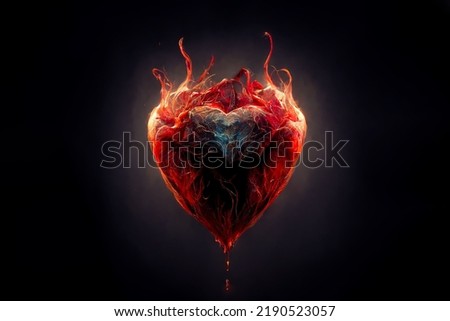 Flame symbol of love. Scorching fire in the shape of a heart. An unusual gift for Valentine's Day. Beautiful heart made of fiery lava.