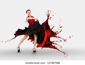 Flamenco Dancer With Dress Turning To Paint Splashing On White Background