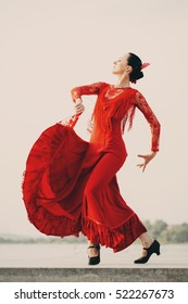 Flamenco Dancer Spain Womans In A Long Red Dress Dancing Outside