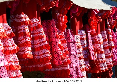 Flamenco Dresses At The Flea Market In Polop De La Marina, Alicante Province, Costa Blanca, Spain, March 8, 2020