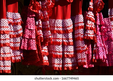 Flamenco Dresses At The Flea Market In Polop De La Marina, Alicante Province, Costa Blanca, Spain, March 8, 2020