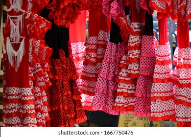 Flamenco Dresses At The Flea Market In Polop De La Marina, Alicante Province, Costa Blanca, Spain, March 8, 2020