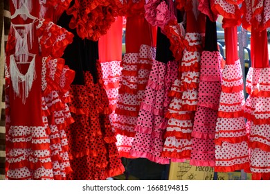 Flamenco Dresses At The Flea Market In Polop De La Marina, Alicante Province, Costa Blanca, Spain, March 8, 2020