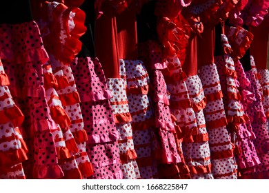 Flamenco Dresses At The Flea Market In Polop De La Marina, Alicante Province, Costa Blanca, Spain, March 8, 2020