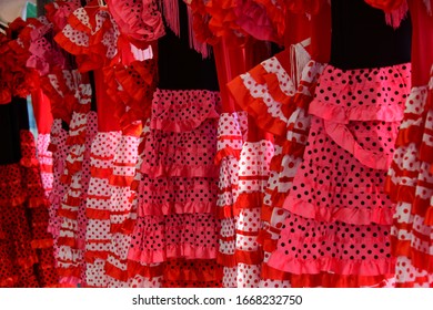 Flamenco Dresses At The Flea Market In Polop De La Marina, Alicante Province, Costa Blanca, Spain, March 8, 2020