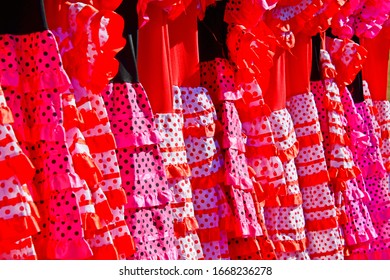 Flamenco Dresses At The Flea Market In Polop De La Marina, Alicante Province, Costa Blanca, Spain, March 8, 2020