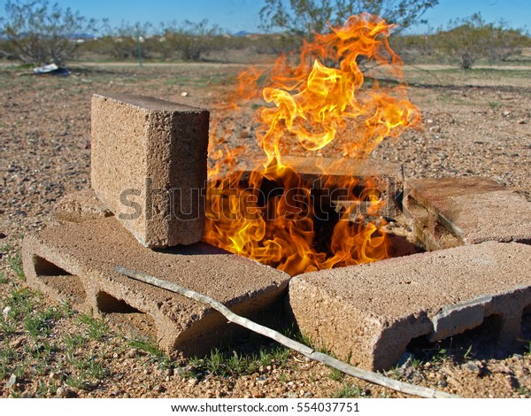 Flames Burning Fire Pit Lined Cinder Miscellaneous Abstract