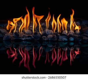 Flames dancing over rocks in a linear fire pit with red reflection below