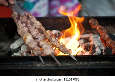 Flames Grilling Skewers At Muslim Street In Xian, China