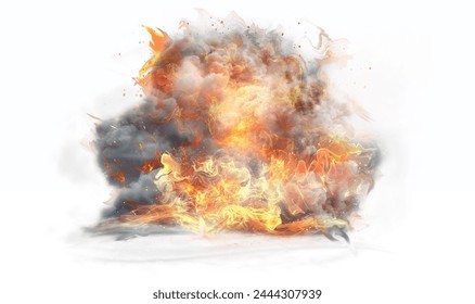 Flames and smoke. Fiery explosion with smoke isolated on transparent background, PNG