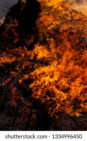 Flaming fire. Burning tree branches. Pagan rite dedicated to the arrival of spring. Big bonfire on Shrovetide. 