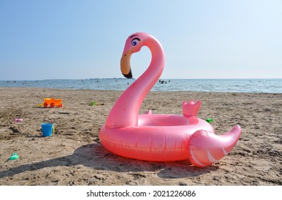 Flamingo inflatable in the sandy beach