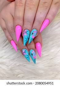 Flamingo Nail Art With Pink And Blue Color, Stiletto Nail Shape 