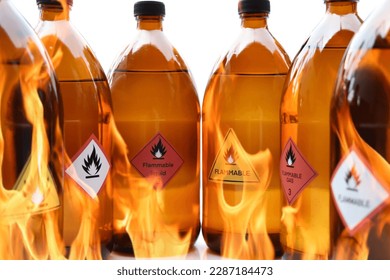 Flammable liquid symbol on the chemical bottle, hazardous chemicals in the industry