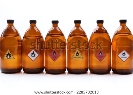 Flammable liquid symbol on the chemical bottle, hazardous chemicals in the industry
