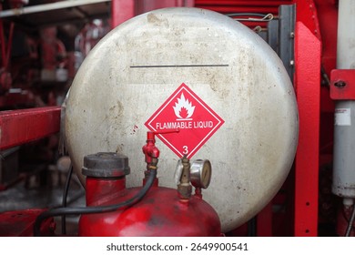 Flammable liquid warning information sign on the gasoline or diesel fuel tank for standard use in the industry. Safety sign symbol for industrial use.