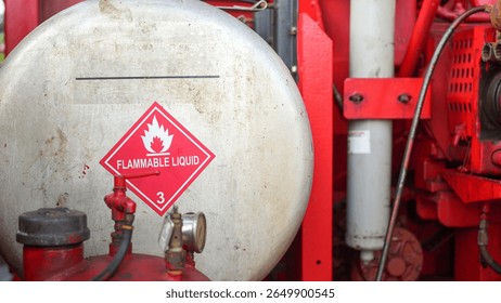 Flammable liquid warning information sign on the gasoline or diesel fuel tank for standard use in the industry. Safety sign symbol for industrial use.