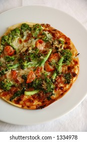 Flammekuche, Alsatian Onion And Bacon Tart With Some Broccoli Rabe, Tomatoes, Parmesan Cheese, Cream