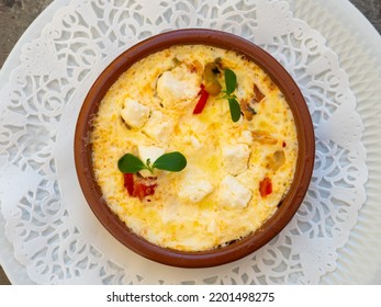 Flan De Legumes Et Feta. Rustic Pie With Vegetables And Cheese Served On Clay Pot On Table