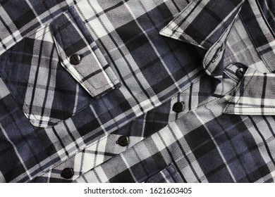 Flannel Shirt Close Up Top View Of Casual Unisex Fashion Clothes. Dark Grey, Black And White Color Top, Button Down Casual Plaid Shirt With Front Pocket 