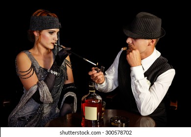 Flapper Girl Smoking And Young Gangster In Hat