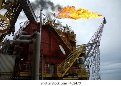 Flare Boom On Offshore Oil Rig In The North Sea