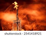 Flare Tower, Methane Gas flare overlay red smoke earth, Global warming environment impact from oil and gas petroleum industrial concept.element from NASA