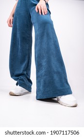 Flared Trousers, Blue, Worn On A Girl, Close-up