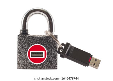 Flash drive and closed lock. Encryption and data security.