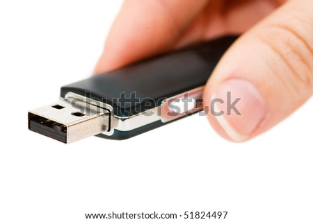 Flash drive in hand isolated on white background