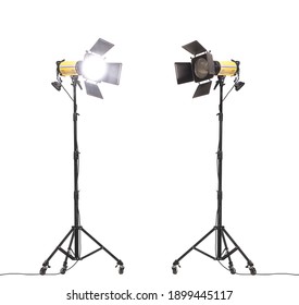 Flash Lights With Barn Doors On Stand With Wheels. Studio Lighting Equipment Isolated On White Background.