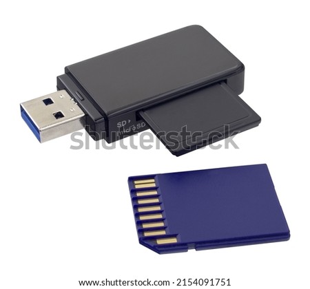 Flash memory card reader and flash memory card isolated on white