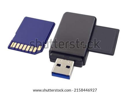 Flash memory card reader and flash memory card isolated on white