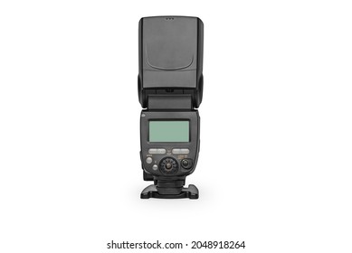 FLASH SPEEDLIGHT PHOTOGRAPHY FLASH Rear View LCD Display Photographic Flash Light Strobe Flashgun in Head Forward Angle. Portrait Lighting. Isolated on White Background. Clipping Path Included in JPEG