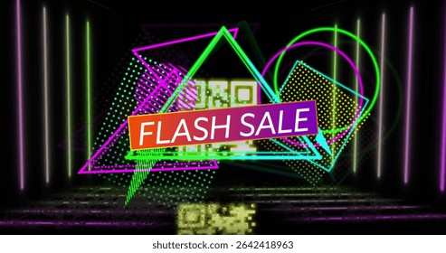 Flashing flash sale banner rotating over reflective floor between neon light bars, with QR code. Futuristic, digital, neon, abstract, promotional, minimalistic, vibrant - Powered by Shutterstock - Get 15% off with code: PIKWIZARD15