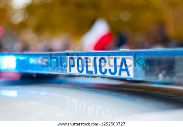 Flashing police blue lights mounted on the roof of\
Polish police car
