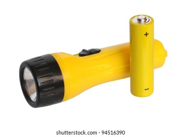 Flashlight And Batteries On A White Background.