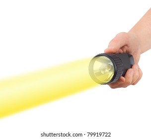 Flashlight in hand isolated on white background
