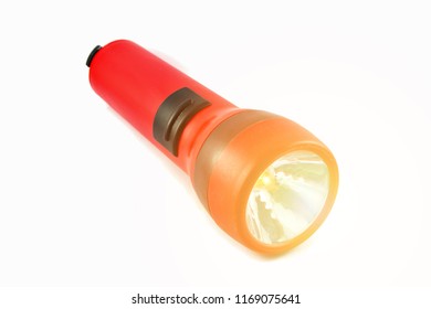 Flashlight Isolated With Orange Lights / Red Torch Light On White Background 