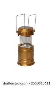A flashlight on a white background consisting of a lamp, a solar battery, and a phone charger. Flashlight for camping and home