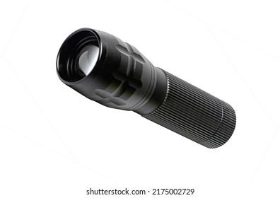 A flashlight is on white background. It is isolated view of black metal flashlight.
