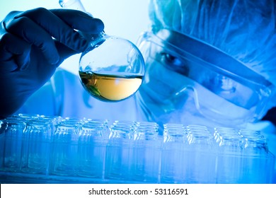 Flask in scientist hand. Laboratory technician at the work