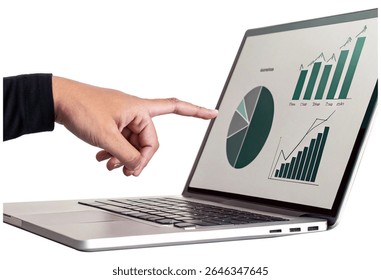 Flat Abstract Data Visualization. Hand Pointing to Laptop Screen with Charts
