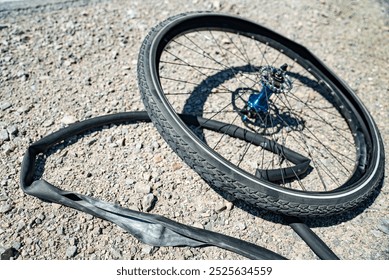 A flat bicycle tire lying on a desert roadside under a clear blue sky, representing the challenges of long-distance cycling in harsh, isolated environments. - Powered by Shutterstock