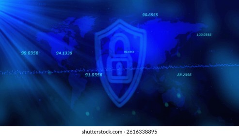 Flat blue shield is hovering over world map, showing padlock icon and waveform cybersecurity. Security, protection, encryption, digital, technology, high-tech, futuristic - Powered by Shutterstock - Get 15% off with code: PIKWIZARD15