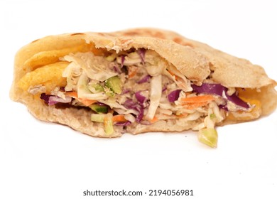 Flat Bread Filled With French Fries And Green Salad, Traditional Egyptian Fried Potatoes Fingers Sandwich Surrounded By Cool And Crunchy Diced Tomatoes, Cucumbers, Onions, Lettuce, Red Cabbage Slices