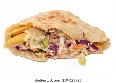 Flat Bread Filled With French Fries And Green Salad, Traditional Egyptian Fried Potatoes Fingers Sandwich Surrounded By Cool And Crunchy Diced Tomatoes, Cucumbers, Onions, Lettuce, Red Cabbage Slices